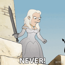 a cartoon of a woman in a white dress holding a sword with the word never below her