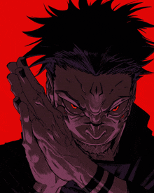 a close up of a person 's face with red eyes on a red background