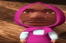 a cartoon character with a purple scarf around his head .