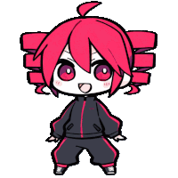 a cartoon drawing of a girl with pink hair and a black jacket that says ' x ' on it