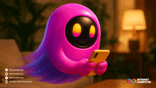 a pink ghost is holding a cell phone in front of an internet computer banner