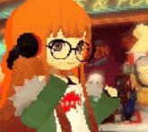 a pixel art of a girl wearing glasses and headphones in front of a sign that says open
