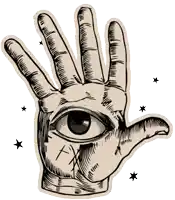 a sticker of a hand with an eye and a cross on it