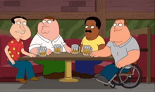 a group of cartoon characters sitting around a table with beer mugs