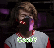 a man with a mask on his face has the word cook on the bottom