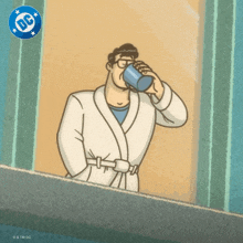 a cartoon of superman drinking from a cup with the dc logo