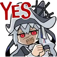 a cartoon girl with red eyes and a shark hat is holding a sword and saying yes .