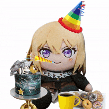 a stuffed doll wearing a party hat sits next to a cake and donuts