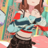 a girl in a crop top and fishnet stockings is wearing a belt that says 00