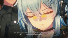 a blue haired anime girl with glasses and headphones is talking to a man in a video game .