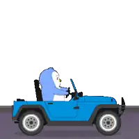 a cartoon penguin is driving a blue car under a welcome to massachusetts sign