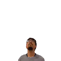 a man wearing glasses looks up at the number 10