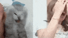 a woman is covering her face with her hands while a cat is looking at her .