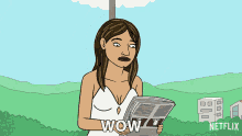 a cartoon of a woman reading a newspaper with the word wow on it