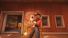 a man in a cowboy outfit is standing in front of a sign that says " deadliest rebel "