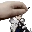 a pixel art of a hand holding a cartoon character .