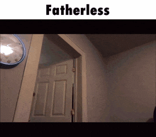 a clock hanging on a wall next to a door with the words fatherless above it
