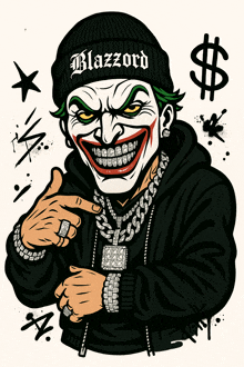 an illustration of a joker wearing a black beanie that says blazzard on it
