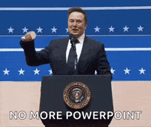 a man in a suit and tie is giving a speech at a podium with the words " no more powerpoint " above him
