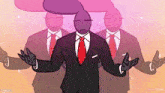 a cartoon of a man in a suit with a red tie and gloves