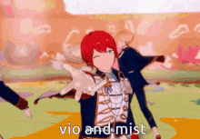 a cartoon character with red hair is dancing with the words vio and mist below him