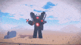 a giant robot is holding a red light saber