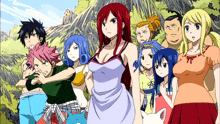 a group of anime characters are standing together and one of them is wearing a white dress