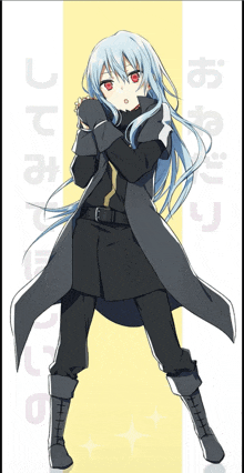 a girl with blue hair and red eyes is standing in front of chinese writing