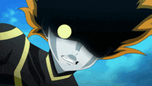a close up of a cartoon character with a yellow ball in his eye