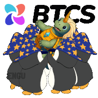 a turtle with a unicorn horn is surrounded by penguins wearing wizard hats with the btcs logo in the background