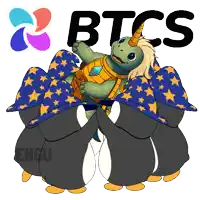 a turtle with a unicorn horn is surrounded by penguins wearing wizard hats with the btcs logo in the background