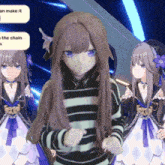 a girl in a striped sweater stands in front of two other girls who are talking about making the chain