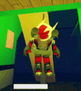 a robot is standing in a room with a green wall and a blue door .