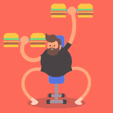 a man with a beard is sitting on a bench and lifting hamburgers .