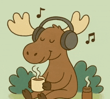 a cartoon moose wearing headphones is holding a cup of coffee