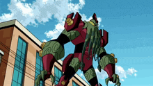 a cartoon character is standing on a building with a blue sky in the background