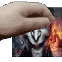 a pixel art of a hand covering a man 's face in front of an explosion .