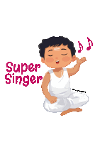 a cartoon drawing of a boy singing with the words super singer behind him