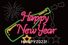a neon sign that says happy new year with a bottle and fireworks