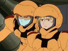 a man and a woman wearing yellow armor are looking at something