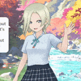 a girl in a plaid skirt is standing in front of a river with a speech bubble that says out t's out