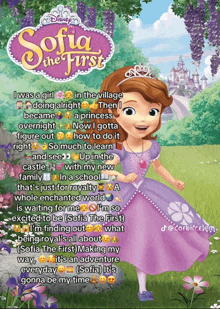 a poster for sofia the first shows a girl in a purple dress standing in front of a castle