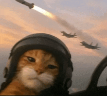 a cat wearing a helmet is flying a fighter jet while a missile is flying in the background .