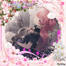 a picture of a girl with pink hair is surrounded by flowers and the words good night