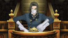 a man wearing a mask and white gloves stands in front of a podium