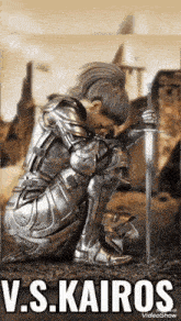 a woman in armor is kneeling down with a sword and the name v.s. kairos written on the bottom
