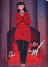 a girl in a red sweater is standing in front of a man in a cape