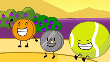 a cartoon drawing of a tennis ball a penny and a coin smiling