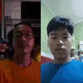 a man wearing glasses and a blue shirt is standing next to another man