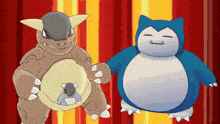 a cartoon drawing of snorlax and kangaskhan standing next to each other on a red and yellow background